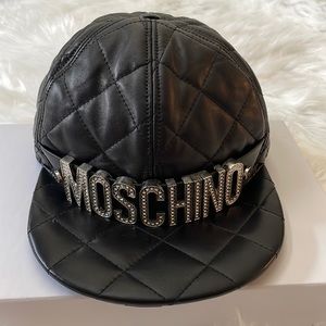 MOSCHINO Milano black leather cap with Crystal Metal Logo Sz M Rare FIND!!!
